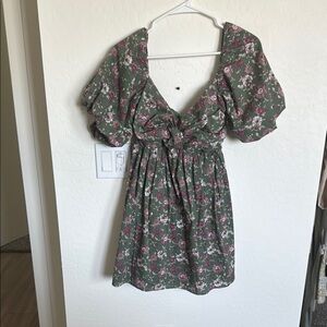 Floral Green Dress with Pink Accents